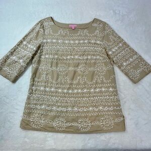 LILLY PULITZER Yasmine Embroidered Tunic Top Size 10 Beige White 100% Cotton